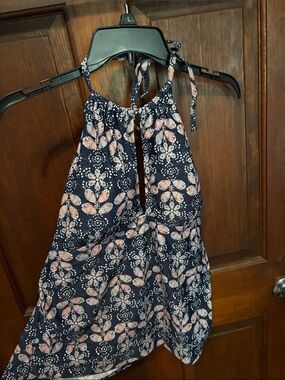 Navy Floral Halter Tankini Top - Pink & White Print